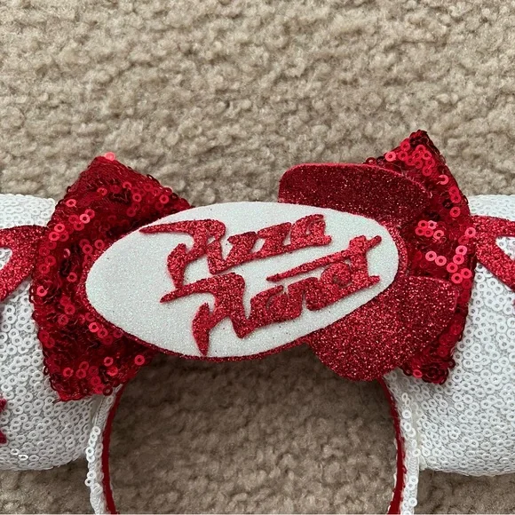 Pixar inspired Pizza Planet Red and White Minnie Mouse Ears - Picture 2 of 5